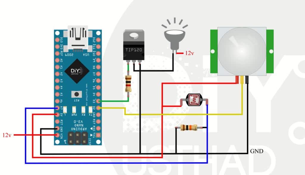 circuit for Motion Sensor Activated Light With Automatic Brightness Adjustment | Arduino + PIR + LDR