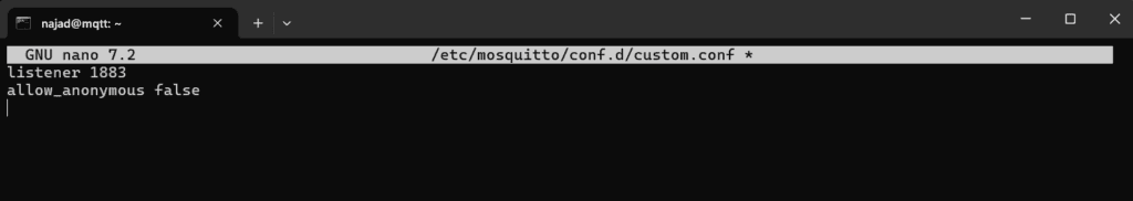 MQTT custom config file opened in the nano editor